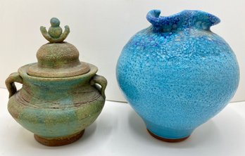 Vintage Blue Terracotta Vase & Covered Pottery Bowl