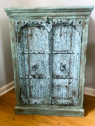 BB Abode- Stunning Antique Teak Carved Indian Door And Distressed Wood Cabinet In Turquoise