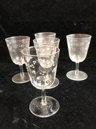 Vintage Set Of Etched Floral Wine Glasses