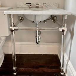 An RH Gramercy Glass Leg Washstand - Carrera Marble Top - Dillon PN Faucet - Bath 1