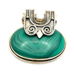 Beautiful Vintage Sterling Silver Malachite Large Ornate Pendant