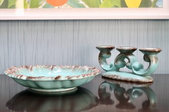 Art Deco Elsterwerda Pottery Set -   Turquoise And Brown Glazed Bowl And Candle Holder