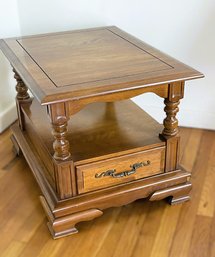 Early American Style End Table With Single Drawer And Lower Shelf