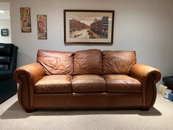 Brown Leather Three Seat Couch With Nailhead Trim