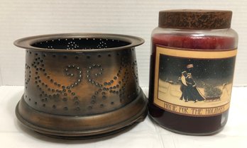 Punched Tin Pennsylvania Dutch Candle Holder Plus Cranberry Jar Candle