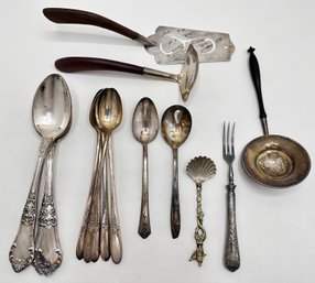 Vintage Sterling Silver Serving Set With Wood Handles, Sterling Tea Strainer & Silver Plate Cutlery