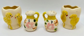 2 Vintage Fanny Farmer Egg Cups With Matching Salt & Pepper Shakers