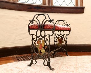 Rare Antique Ornate Wrought Iron Fireside Bench With Hand Painted Figural Griffin And Original Upholstery