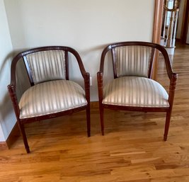 Pair Of Ethan Allen Hardwood Chairs With Striped Upholstery In Light Green & Cream With Carved Details