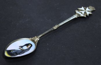 Continental .800 Silver Enamel Souvenir Spoon W Nun Portrait