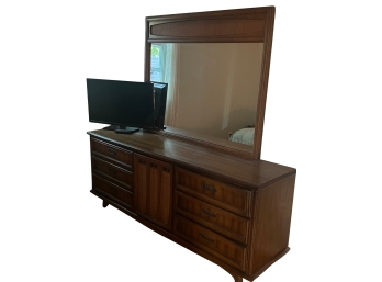 Mid-Century Oversized Dresser / Credenza With Rattan Inlay And Matching Detachable Mirror