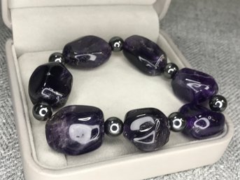 Beautiful Brand New Natural Highly Polished Amethyst Bracelet With Marcasite Beads - Very Nice NEW Bracelet