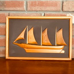 Framed Half-Hull Carved Wood Model Sailing Ship 14 Inches