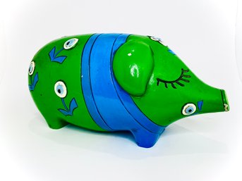 1968 Pride Creations Green & Blue Piggy Bank  (Missing Cap & Chipped On The Bottom)