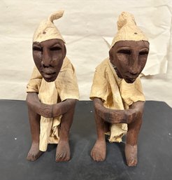 Two Vintage Wooden Dolls With Cotton Clothing Squatting Men Made In Dakar Senegal. NC/D3