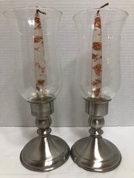 Pair Of Pewter Hurricane Candle Holders