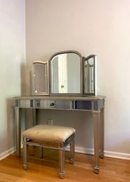 Mercury Glass Mirror Vanity In Silver Tone With Matching Bench