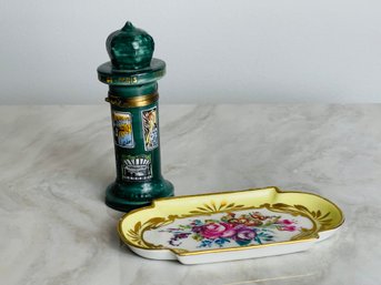 Limoges France Hand Painted Paris Kiosk Trinket Box Together With A Limoges Floral Trinket Tray