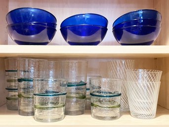 Art Glass Tumblers And Blue Glass Ice Cream Dishes