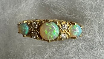 Gorgeous Vintage 18K 750 Opal And Diamond Ring ~ Birmingham England Size 6 1/4-6 1/2