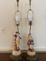 Pair Of Antique French ? Porcelain Figural Table Lamps. 34' Tall