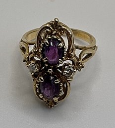 Awesome 14K Detailed Amethyst And Diamond Ring Size 7 1/2