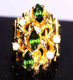 1970s Gold Tone Large Ladies Ring Green & White Stones Size 6