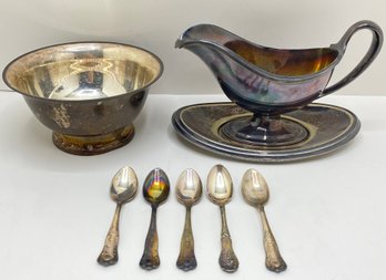 Silver Plate Reed & Barton Gravy Boat, Wallace Bowl & 5 Spoons, 4 By Gorham