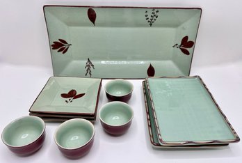 Faianca Subtil Serving Set With Tray, 4 Cups &3 Plates & 2 Asian Style Rectangular Serving Bowls