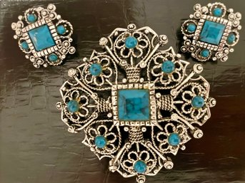 Large Filigree Brooch With Turquoise Style Stones & Matching Clip Earrings