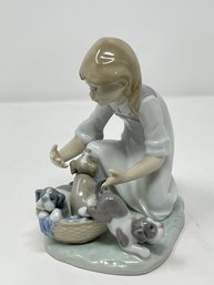 Lladro 'Joy In A Basket' Girl With 3 Puppy Dogs In A Basket
