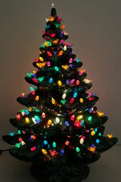 Vintage 1974 Lighted Ceramic Christmas Tree - Green - Multi-colored Bulbs & Birds - Almost 2 Feet Tall
