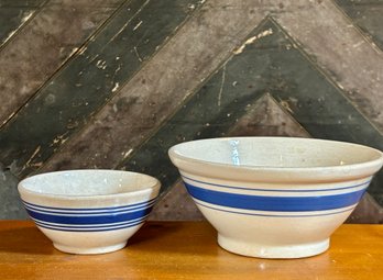 Pair Of Antique Primitive Stoneware Mixing Bowls With Blue Stripe