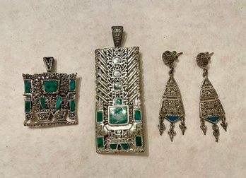 Intricate South American Pendants / Brooches With Matching Drop Earrings