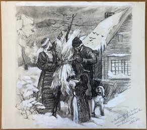 Original Charcoal Sketch About Christmas In Sweden In Tobeys Hand - Signed Alton S Tobey