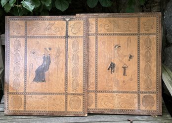 Pair Of Antique Greek Persius Themed Marquetry Boards Siutable For Hanging