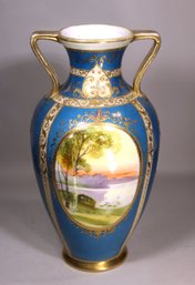 Large Hand Painted Nippon Handled Vase Having Landscape