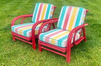 Pair Of Painted Rattan Bentwood Arm Chairs With Colorful Striped Cushions