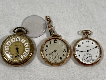 3 Pocket Watches Waltham 17 Jewels 10k Rolled Gold Plate Not Ticking Elgin Philly Ticking Westclox Working