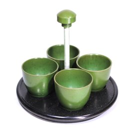 Art Deco Plastic Green And Black Chrome Cups On Handled Stand