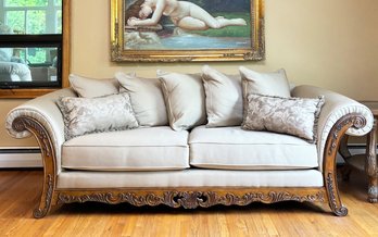 A Gorgeous Rolled Arm Sofa By Schnadig Furniture, Carved Hard Wood Frame