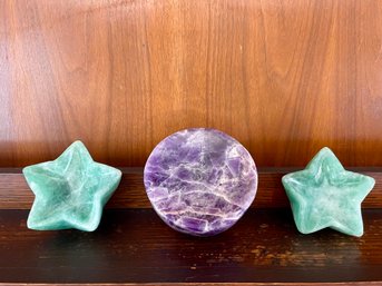 Green Aventurine & Chevron Amethyst Bowls, 1 Lb 1.1oz, 1 Lb 4.4oz & 2 Lb 2.9oz