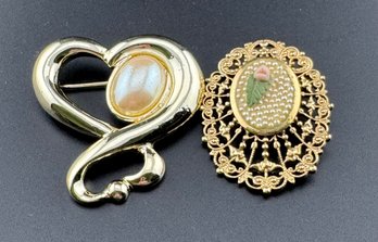 2 Gold Toned Brooches