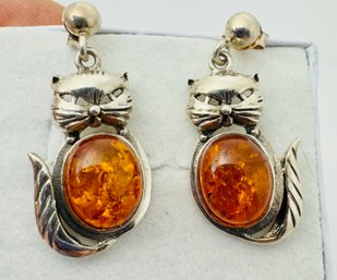 STERLING SILVER AND AMBER KITTY CAT DANGLE EARRINGS