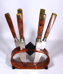 Fine Bakelite Set Of Six Knives On Bakelite Plastic Stand Art Deco