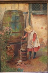 Old Oil Painting Of Girl Getting Water 19x24 Framed