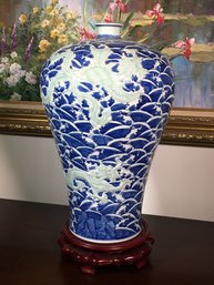 Vey Tall - Almost Two Feet Tall - Asian Porcelain Vase - Blue & White With Celadon Dragons In Relief - WOW !