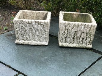 Very Nice Pair Of Vintage Cement Pots With Bark Design - Great Patina - Bid Is For The Pair - One Needs Repair