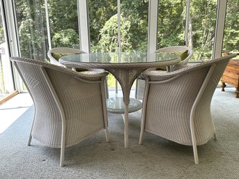 A Beautiful Vintage Glass-Topped Dining Table & Four Chairs In White Wicker