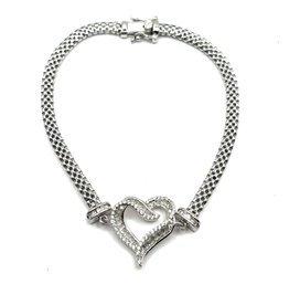 Pretty Sterling Silver Flat Snake Chain With Rhinestone Heart Bracelet